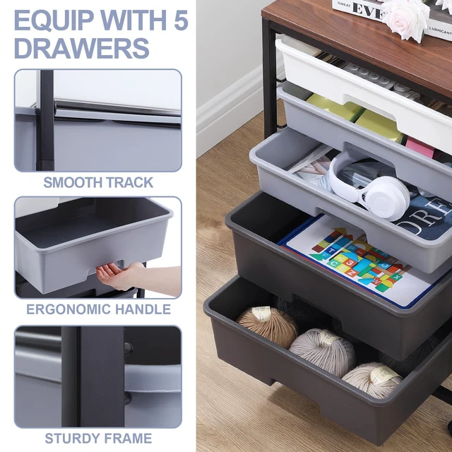 Alt view image 4 of 7 - Utility Cart with Drawers,5 Drawers Storage Cart,Dark Grey 5-Tiers Storage Cart with Drawers with Lockable Wheels for Craft Organizers and Storage,Home Office,Classroom,Dorm,Playroom