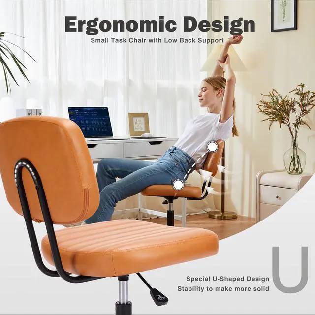 Alt view image 3 of 7 - Small Desk Chair, Home Office Chair, Lumbar Support PU Leather, Low Back, 360 Swivel Wheels, Height Adjustable, Armless Computer Task, Brown