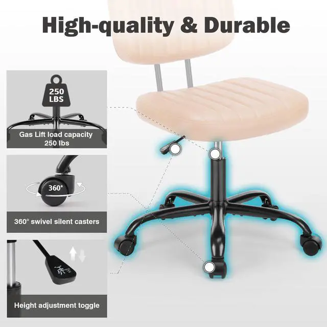 Alt view image 5 of 7 - Small Desk Chair, Home Office Chair, Lumbar Support PU Leather, Low Back, 360 Swivel Wheels, Height Adjustable, Armless Computer Task, Brown