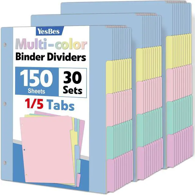 Main image of 150 Pcs Colored Binder Dividers with Tabs, 1/5 Cut Tabs, Dividers for 3 Ring Binder, Blank Write On Binder Dividers in 5 Tab Sets, Letter Size, 150 Dividers, 30 Sets, Pastels