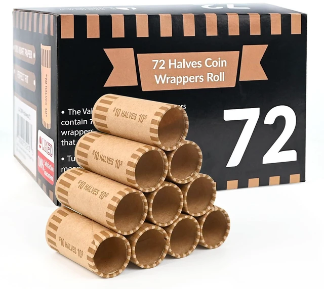 Main image of L Liked 72 PCS Preformed Coin Wrappers Rolls-Halves, Brown Heavy-duty 60lb kraft paper, ABA color-coded, crimped ends, for manual & automatic coin counters