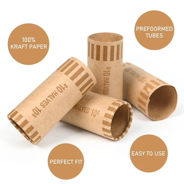Alt view image 3 of 7 - L Liked 72 PCS Preformed Coin Wrappers Rolls-Halves, Brown Heavy-duty 60lb kraft paper, ABA color-coded, crimped ends, for manual & automatic coin counters