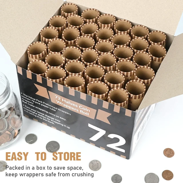 Alt view image 5 of 7 - L Liked 72 PCS Preformed Coin Wrappers Rolls-Halves, Brown Heavy-duty 60lb kraft paper, ABA color-coded, crimped ends, for manual & automatic coin counters