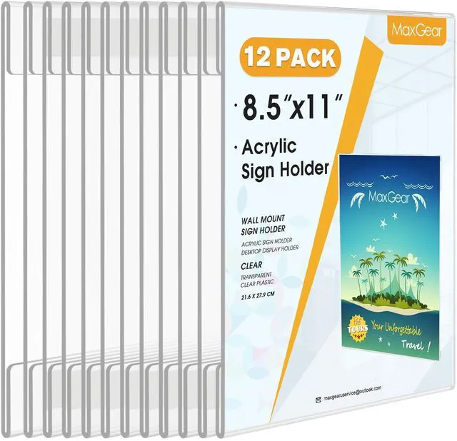 Main image of Acrylic Sign Holder 8.5 x 11 Wall Mount with Tape, 12 Pack Strong Double-Sided Tape, Easy Insert and Replace Signs, Posters and Documents, Acrylic Frame for Office, Home, Store