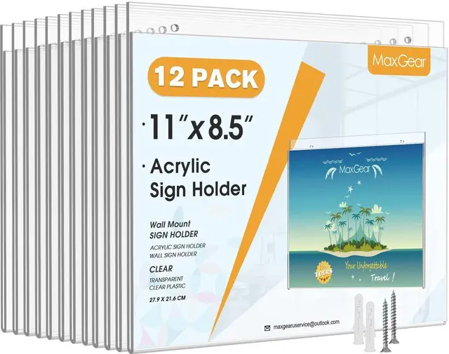 Main image of Acrylic Wall Mount Sign Holder, 8.5 x 11 Landscape, 12 Pack Clear Acrylic Material, Easy Wall Installation with Included Screws and Pre-drilled Holes, Ideal for Signs and Notices