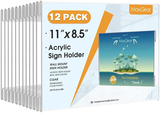 Main image of Acrylic Sign Holder 8.5 x 11 Wall Mount, 12 Pack, Landscape Includes Strong Double-Sided Tape, Easy Insert and Replace Document and Flyer, Acrylic Frame for Office, Home, Store