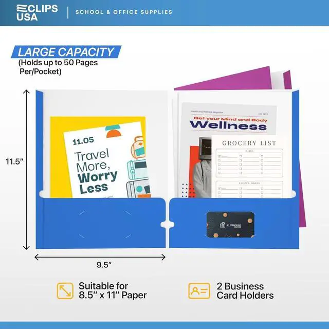 Alt view image 2 of 7 - Folders with Pockets 2 Pocket Folders Bulk Holds 100 Sheets (50 Sheets Per Pocket) Assorted Colors Office School (200 Pack)
