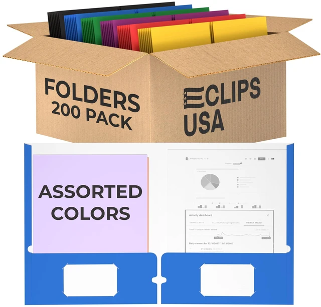Main image of Folders with Pockets 2 Pocket Folders Bulk Holds 100 Sheets (50 Sheets Per Pocket) Assorted Colors Office School (200 Pack)