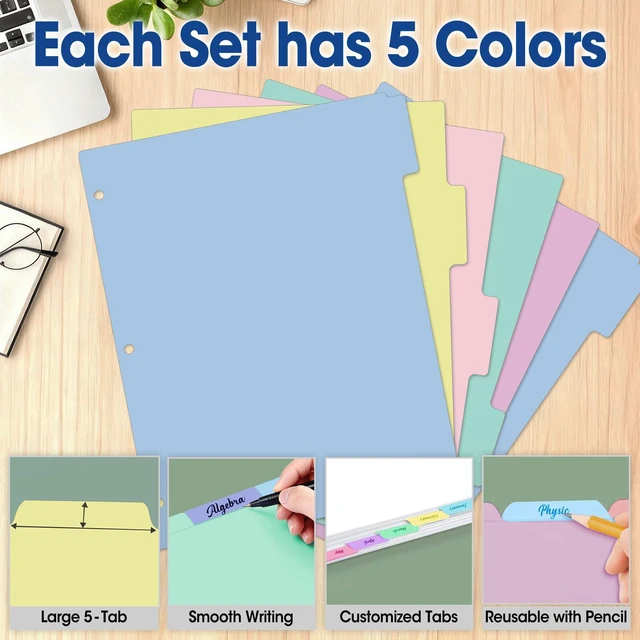 Alt view image 4 of 7 - 150 Pcs Colored Binder Dividers with Tabs, 1/5 Cut Tabs, Dividers for 3 Ring Binder, Blank Write On Binder Dividers in 5 Tab Sets, Letter Size, 150 Dividers, 30 Sets, Pastels