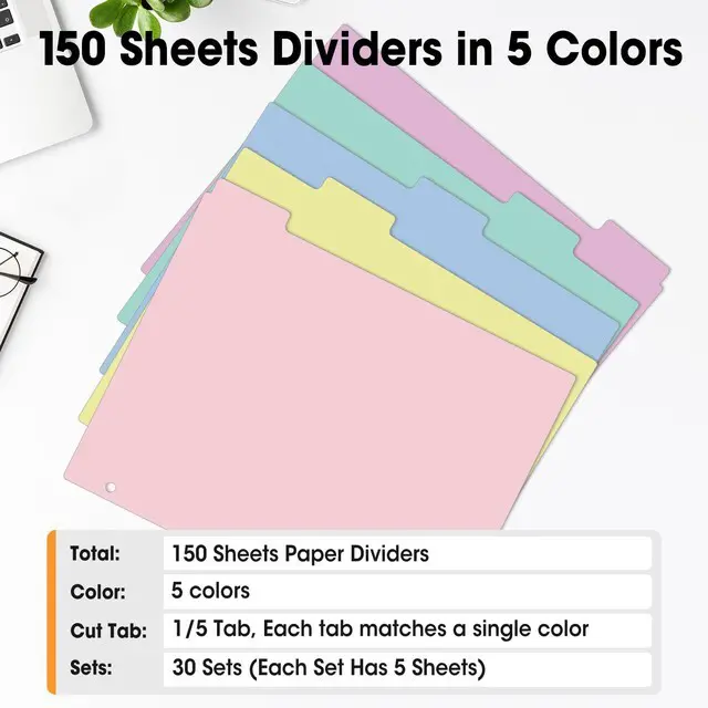Alt view image 6 of 7 - 150 Pcs Colored Binder Dividers with Tabs, 1/5 Cut Tabs, Dividers for 3 Ring Binder, Blank Write On Binder Dividers in 5 Tab Sets, Letter Size, 150 Dividers, 30 Sets, Pastels