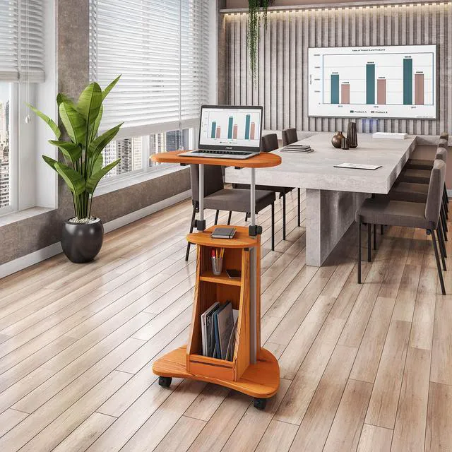 Alt view image 2 of 7 - Adjustable Height Rolling Laptop Cart with Storage, Woodgrain Adjustable height rolling laptop cart with storage drawer, open shelf, wheels, sitstand design for office or medical use