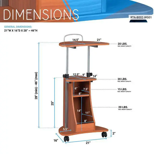 Alt view image 3 of 7 - Adjustable Height Rolling Laptop Cart with Storage, Woodgrain Adjustable height rolling laptop cart with storage drawer, open shelf, wheels, sitstand design for office or medical use