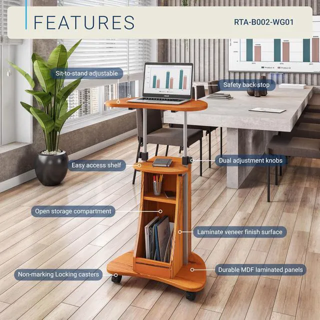 Alt view image 4 of 7 - Adjustable Height Rolling Laptop Cart with Storage, Woodgrain Adjustable height rolling laptop cart with storage drawer, open shelf, wheels, sitstand design for office or medical use