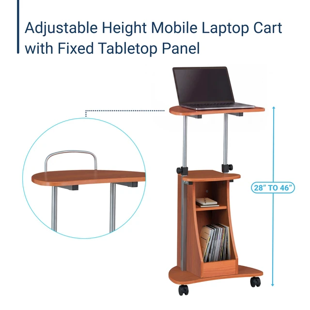 Alt view image 5 of 7 - Adjustable Height Rolling Laptop Cart with Storage, Woodgrain Adjustable height rolling laptop cart with storage drawer, open shelf, wheels, sitstand design for office or medical use