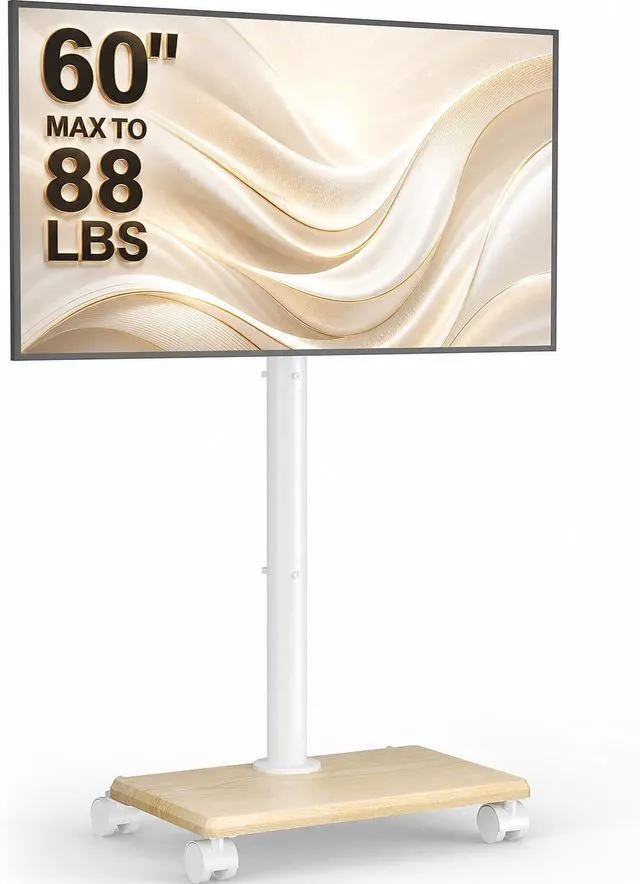 Main image of Rolling TV Stand with Wheels for 32-60 Inch TVs Height Adjustable Mobile TV Cart, Tilt -10° to 5°, 88lbs Capacity, VESA 100x100-400x400,Wood Base & Locking Wheels-White