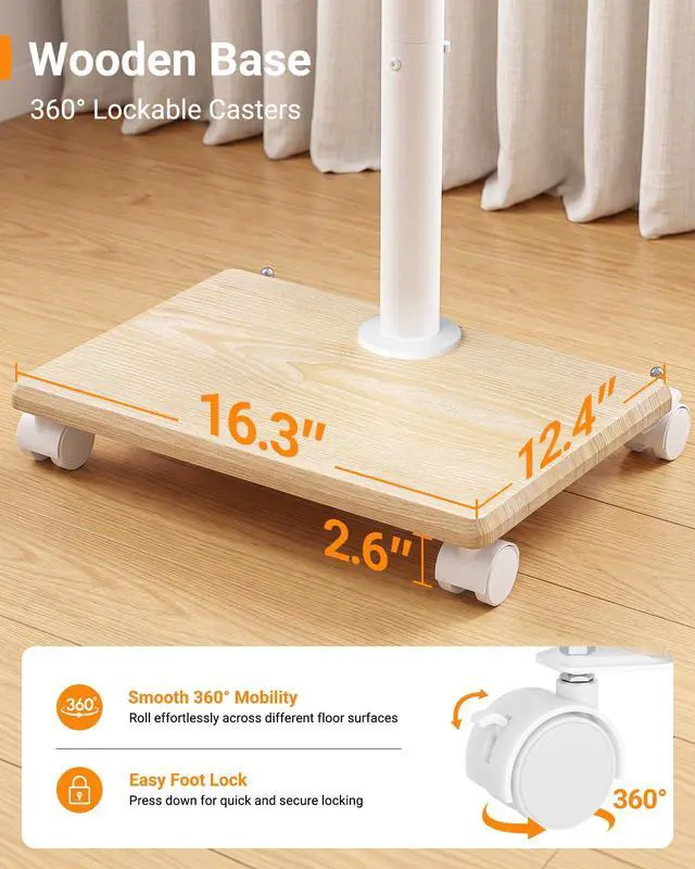 Alt view image 5 of 7 - Rolling TV Stand with Wheels for 32-60 Inch TVs Height Adjustable Mobile TV Cart, Tilt -10° to 5°, 88lbs Capacity, VESA 100x100-400x400,Wood Base & Locking Wheels-White