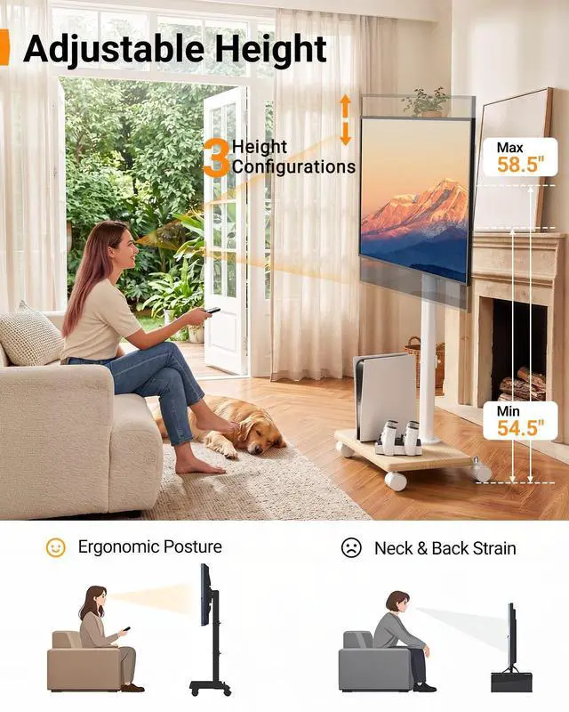 Alt view image 4 of 7 - Rolling TV Stand with Wheels for 32-60 Inch TVs Height Adjustable Mobile TV Cart, Tilt -10° to 5°, 88lbs Capacity, VESA 100x100-400x400,Wood Base & Locking Wheels-White