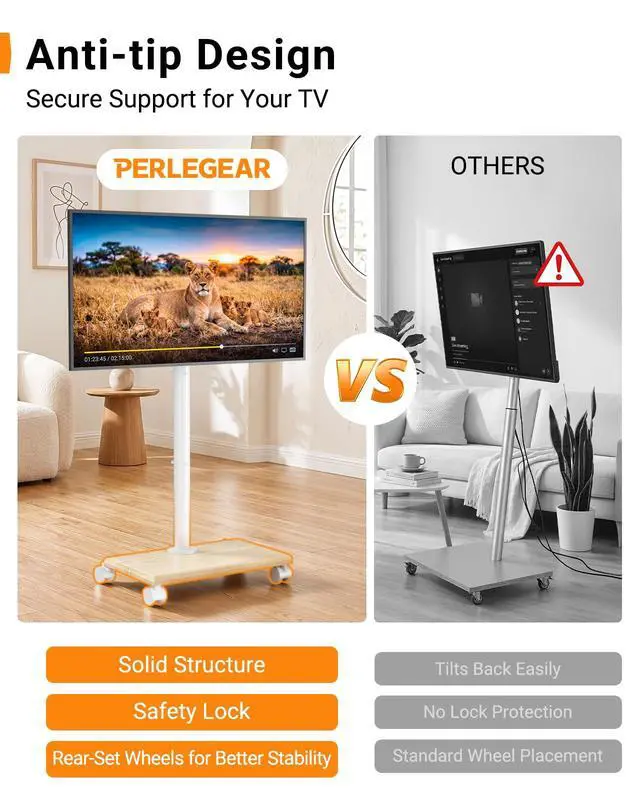 Alt view image 6 of 7 - Rolling TV Stand with Wheels for 32-60 Inch TVs Height Adjustable Mobile TV Cart, Tilt -10° to 5°, 88lbs Capacity, VESA 100x100-400x400,Wood Base & Locking Wheels-White