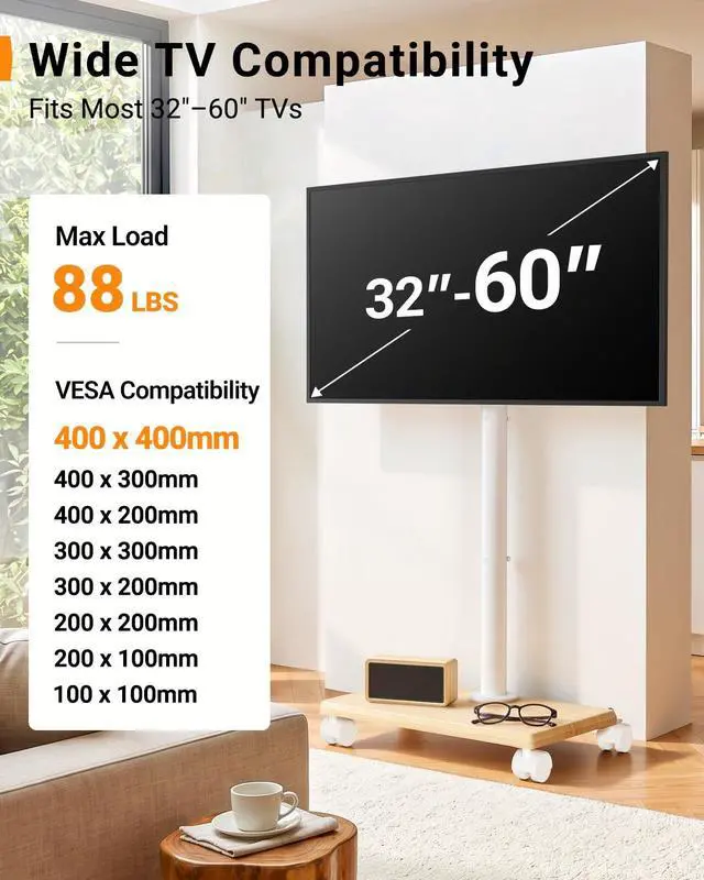 Alt view image 7 of 7 - Rolling TV Stand with Wheels for 32-60 Inch TVs Height Adjustable Mobile TV Cart, Tilt -10° to 5°, 88lbs Capacity, VESA 100x100-400x400,Wood Base & Locking Wheels-White