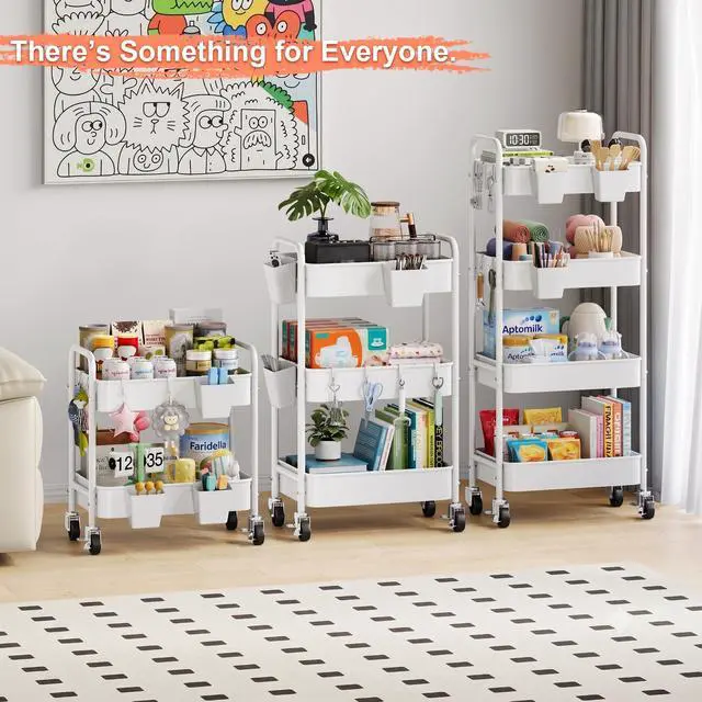 Alt view image 2 of 7 - 4 Tier Rolling Storage Cart Metal with Wheels, 37in Heavy Duty Roller Carts White Four Tiered Utility Organizer Shelf on Wheels for Art, Craft, Baby Diaper Caddy, Snack, Book, Large-Capacity Shelving