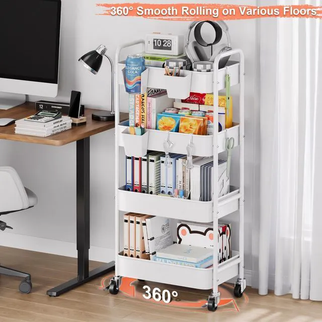 Alt view image 3 of 7 - 4 Tier Rolling Storage Cart Metal with Wheels, 37in Heavy Duty Roller Carts White Four Tiered Utility Organizer Shelf on Wheels for Art, Craft, Baby Diaper Caddy, Snack, Book, Large-Capacity Shelving
