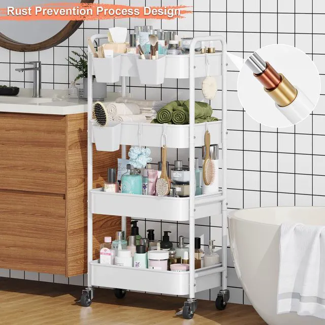 Alt view image 5 of 7 - 4 Tier Rolling Storage Cart Metal with Wheels, 37in Heavy Duty Roller Carts White Four Tiered Utility Organizer Shelf on Wheels for Art, Craft, Baby Diaper Caddy, Snack, Book, Large-Capacity Shelving