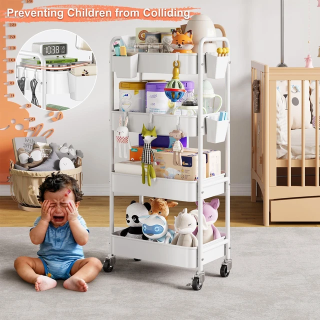 Alt view image 6 of 7 - 4 Tier Rolling Storage Cart Metal with Wheels, 37in Heavy Duty Roller Carts White Four Tiered Utility Organizer Shelf on Wheels for Art, Craft, Baby Diaper Caddy, Snack, Book, Large-Capacity Shelving