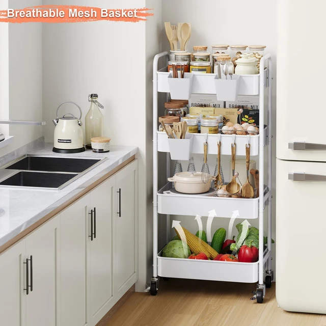 Alt view image 4 of 7 - 4 Tier Rolling Storage Cart Metal with Wheels, 37in Heavy Duty Roller Carts White Four Tiered Utility Organizer Shelf on Wheels for Art, Craft, Baby Diaper Caddy, Snack, Book, Large-Capacity Shelving