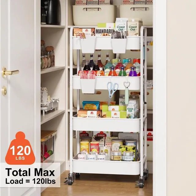 Alt view image 7 of 7 - 4 Tier Rolling Storage Cart Metal with Wheels, 37in Heavy Duty Roller Carts White Four Tiered Utility Organizer Shelf on Wheels for Art, Craft, Baby Diaper Caddy, Snack, Book, Large-Capacity Shelving