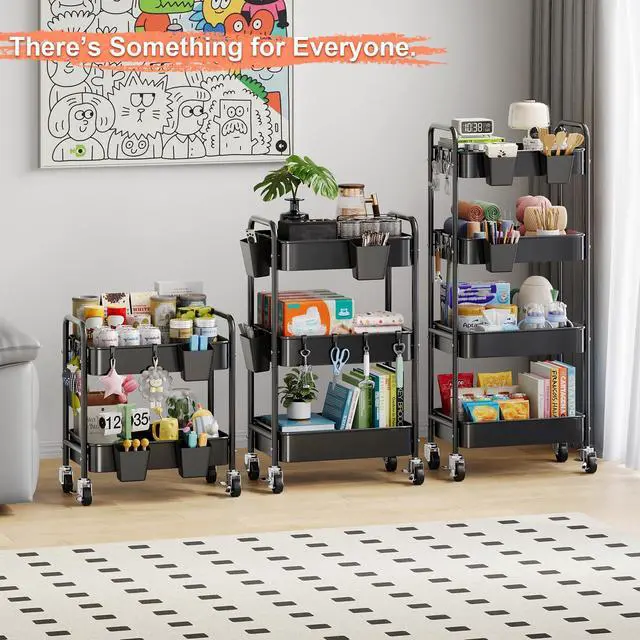 Alt view image 6 of 7 - 2 Tier Small Rolling Cart Metal with Wheels, Black Under Desk Storage Carts Short Utility Trolley Organizer on Wheels for Pantry, Kitchen, Office, Two Tiered Mobile Side Table, 22in Tall Roller Shelf