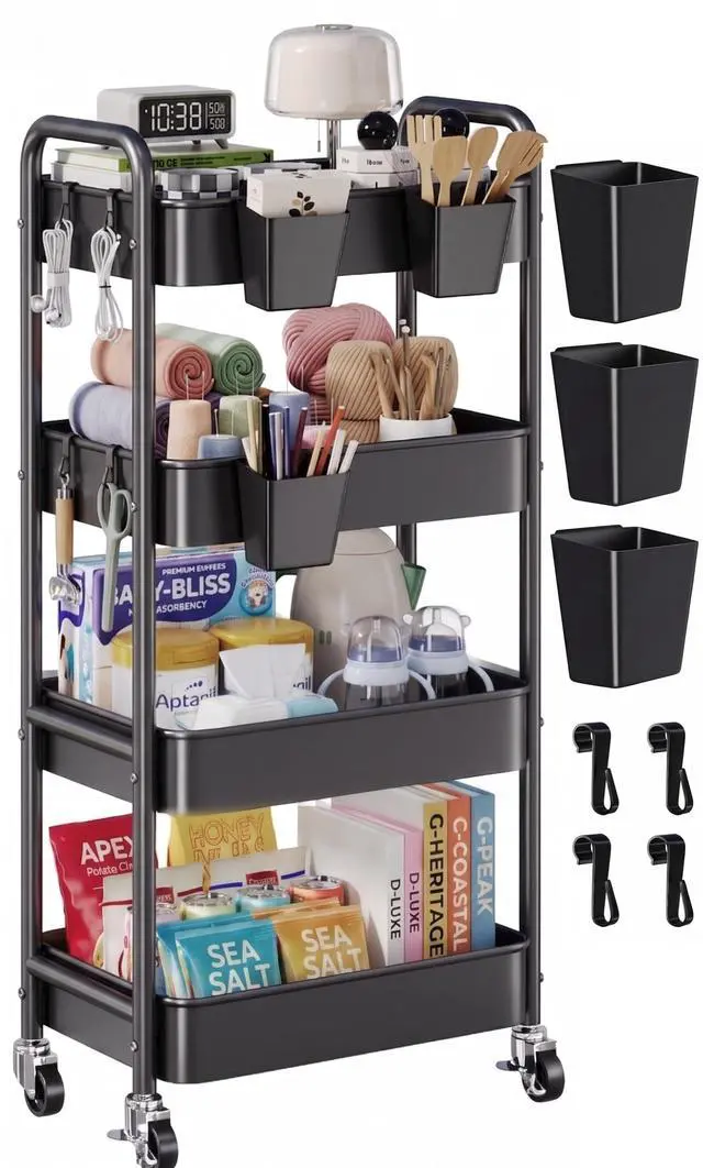 Main image of 4 Tier Rolling Cart Metal with Wheels, Black Storage Carts,38in Tall Heavy Duty Large Organizer on Wheels, Four Tiered Utility Roller Shelf for Art, Craft, Baby Diaper Caddy, Snack, Dorm, Office