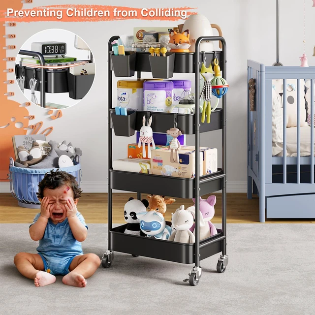 Alt view image 3 of 7 - 4 Tier Rolling Cart Metal with Wheels, Black Storage Carts,38in Tall Heavy Duty Large Organizer on Wheels, Four Tiered Utility Roller Shelf for Art, Craft, Baby Diaper Caddy, Snack, Dorm, Office