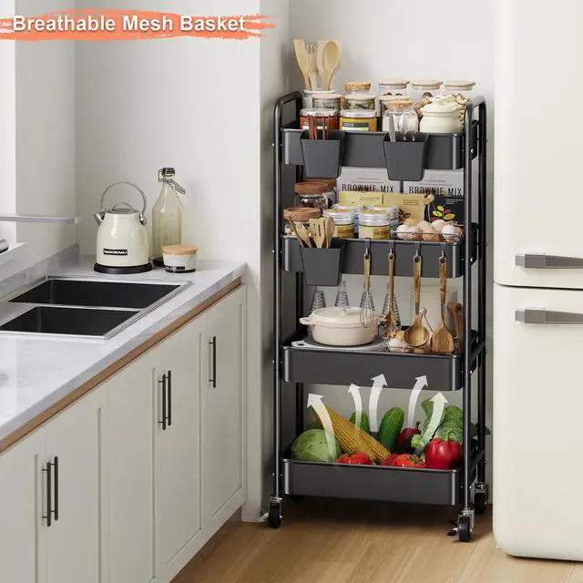 Alt view image 4 of 7 - 4 Tier Rolling Cart Metal with Wheels, Black Storage Carts,38in Tall Heavy Duty Large Organizer on Wheels, Four Tiered Utility Roller Shelf for Art, Craft, Baby Diaper Caddy, Snack, Dorm, Office