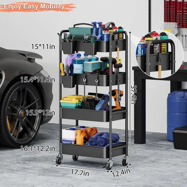 Alt view image 6 of 7 - 4 Tier Rolling Cart Metal with Wheels, Black Storage Carts,38in Tall Heavy Duty Large Organizer on Wheels, Four Tiered Utility Roller Shelf for Art, Craft, Baby Diaper Caddy, Snack, Dorm, Office