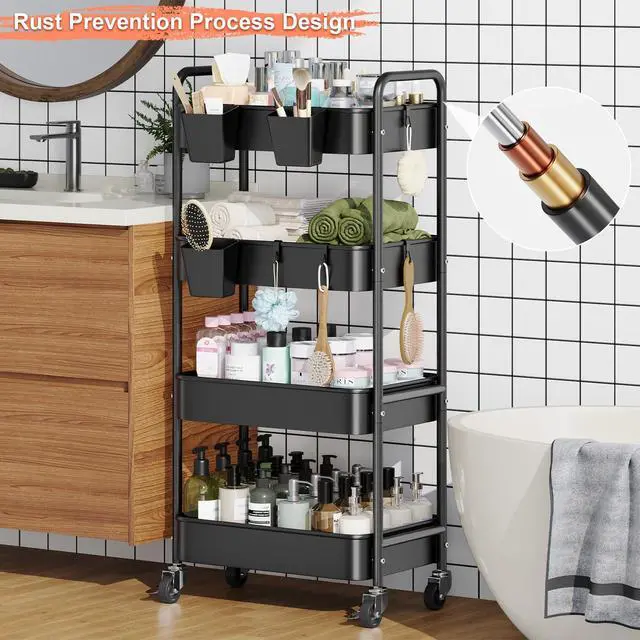 Alt view image 5 of 7 - 4 Tier Rolling Cart Metal with Wheels, Black Storage Carts,38in Tall Heavy Duty Large Organizer on Wheels, Four Tiered Utility Roller Shelf for Art, Craft, Baby Diaper Caddy, Snack, Dorm, Office