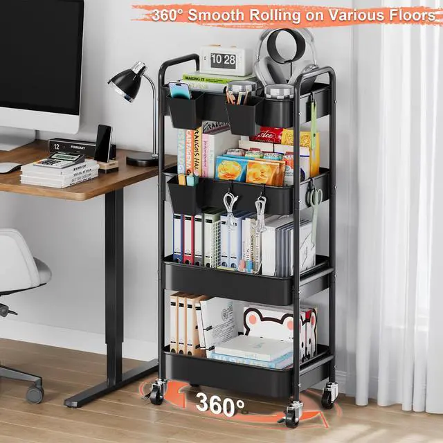 Alt view image 7 of 7 - 4 Tier Rolling Cart Metal with Wheels, Black Storage Carts,38in Tall Heavy Duty Large Organizer on Wheels, Four Tiered Utility Roller Shelf for Art, Craft, Baby Diaper Caddy, Snack, Dorm, Office