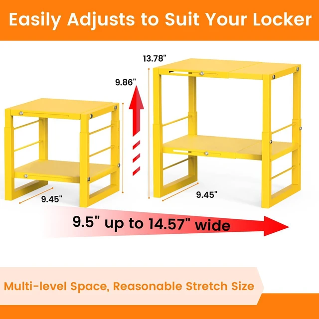 Alt view image 2 of 7 - Locker Organizer Shelf Yellow, Metal Adjustable Width & Height Shelf Ideal Locker Shelf Fits Standard Size School, Office, and Gym Lockers, Locker Storage Organization, Locker Accessories Stuff