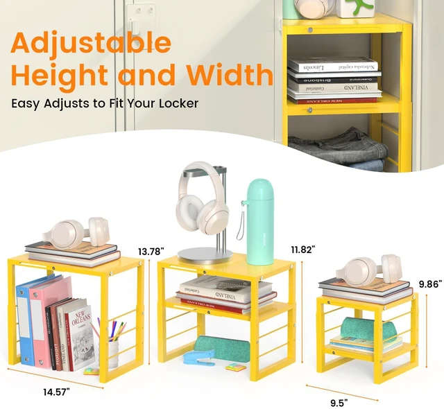 Alt view image 7 of 7 - Locker Organizer Shelf Yellow, Metal Adjustable Width & Height Shelf Ideal Locker Shelf Fits Standard Size School, Office, and Gym Lockers, Locker Storage Organization, Locker Accessories Stuff