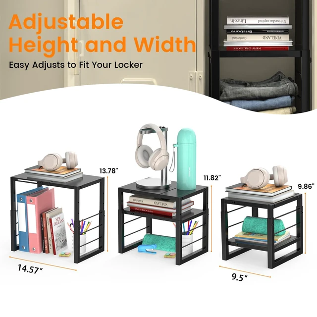 Alt view image 7 of 7 - Locker Organizer Shelf School, Adjustable Width and Height, Stackable Metal Locker Storage Organization, Ideal Locker Fits Standard Size School, Office, and Gym Lockers, Black
