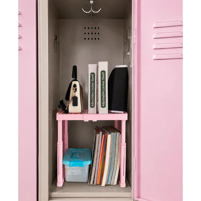 Alt view image 2 of 7 - Locker Shelf Adjustable Height and Width, Pink Locker Organizer for Work, Locker Shelves Stack-able Stand Tools for Gym Locker, Back to School Accessories, Pack of 2