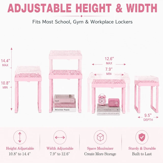 Alt view image 3 of 7 - Locker Shelf Adjustable Height and Width, Pink Locker Organizer for Work, Locker Shelves Stack-able Stand Tools for Gym Locker, Back to School Accessories, Pack of 2