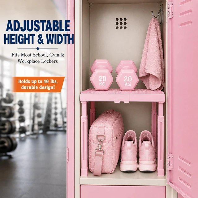 Alt view image 4 of 7 - Locker Shelf Adjustable Height and Width, Pink Locker Organizer for Work, Locker Shelves Stack-able Stand Tools for Gym Locker, Back to School Accessories, Pack of 2