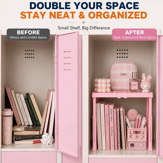 Alt view image 5 of 7 - Locker Shelf Adjustable Height and Width, Pink Locker Organizer for Work, Locker Shelves Stack-able Stand Tools for Gym Locker, Back to School Accessories, Pack of 2