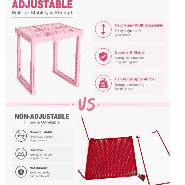 Alt view image 6 of 7 - Locker Shelf Adjustable Height and Width, Pink Locker Organizer for Work, Locker Shelves Stack-able Stand Tools for Gym Locker, Back to School Accessories, Pack of 2