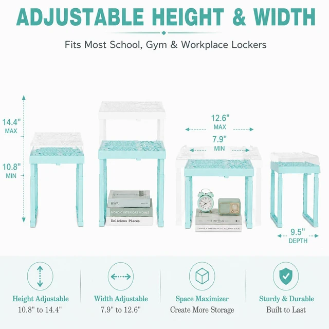 Alt view image 3 of 7 - Adjustable Locker Shelf for School, Height and Width Adjustable Locker Organizer for Work, Stackable Locker Tools for Gym Lockers, Back to School Essentials, Mint Blue