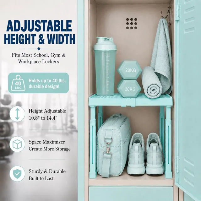 Alt view image 4 of 7 - Adjustable Locker Shelf for School, Height and Width Adjustable Locker Organizer for Work, Stackable Locker Tools for Gym Lockers, Back to School Essentials, Mint Blue
