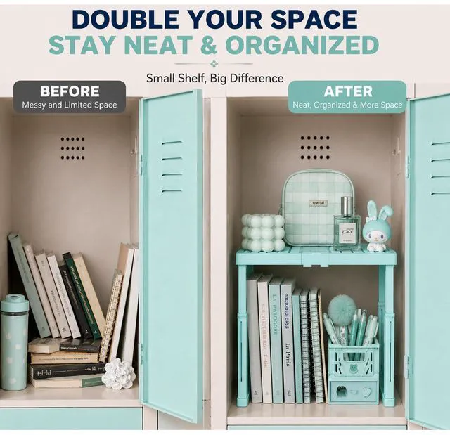 Alt view image 5 of 7 - Adjustable Locker Shelf for School, Height and Width Adjustable Locker Organizer for Work, Stackable Locker Tools for Gym Lockers, Back to School Essentials, Mint Blue