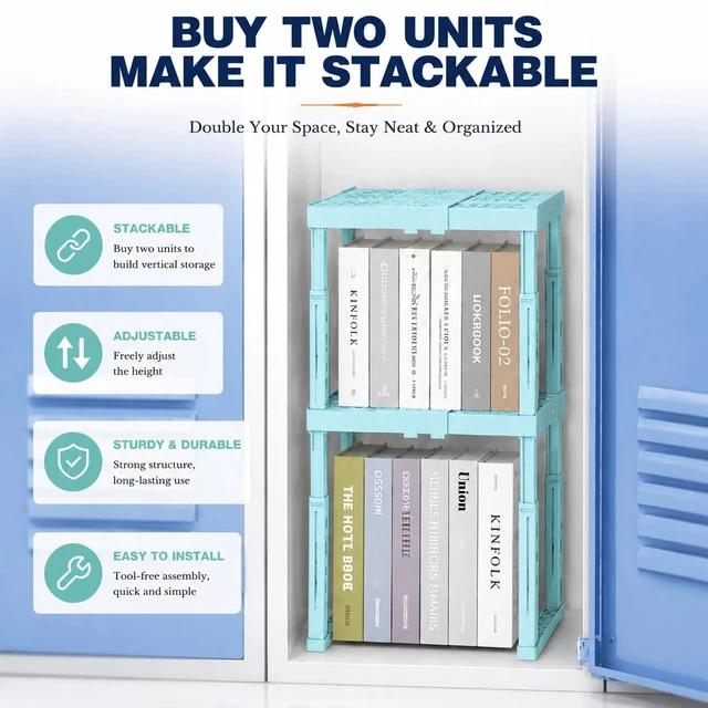 Alt view image 6 of 7 - Adjustable Locker Shelf for School, Height and Width Adjustable Locker Organizer for Work, Stackable Locker Tools for Gym Lockers, Back to School Essentials, Mint Blue