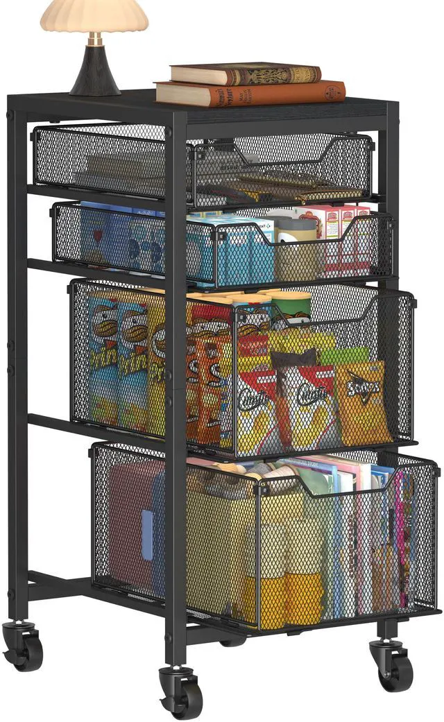 Main image of Rolling Storage Cart with Drawers, Under Desk Storage with Wooden Tabletop & Lockable Wheels, 4-Tier Storage Drawers for Bathroom, Craft, Office, Black
