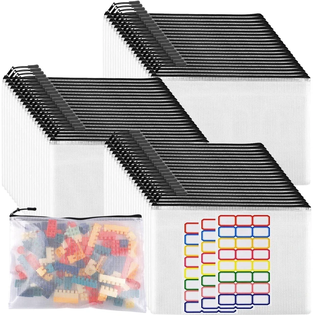 Main image of 60pcs Large Mesh Zipper Pouch File Bags Reusable Zippered Pouches for Organizing Classroom, Board Game Storage, Puzzle Bags Black